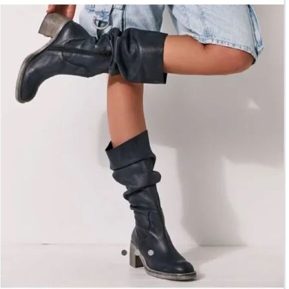 NEW Free People Slouch Essential Boho Tall Chunky Boot Gray Blue Leather 37 7 - Picture 1 of 13